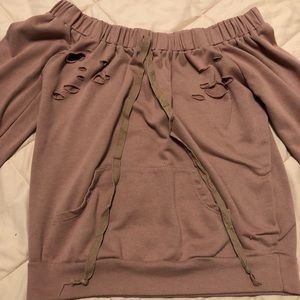 Rosy pink distressed off the shoulder long sleeve